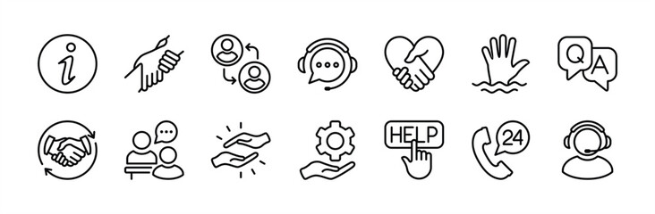 Help line icon set. Containing information, teamwork, charity, customer service, volunteer, solidarity, call center, interview, partnership, care, support, question and answer, friendship, cooperation