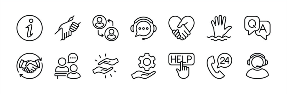Help line icon set. Containing information, teamwork, charity, customer service, volunteer, solidarity, call center, interview, partnership, care, support, question and answer, friendship, cooperation