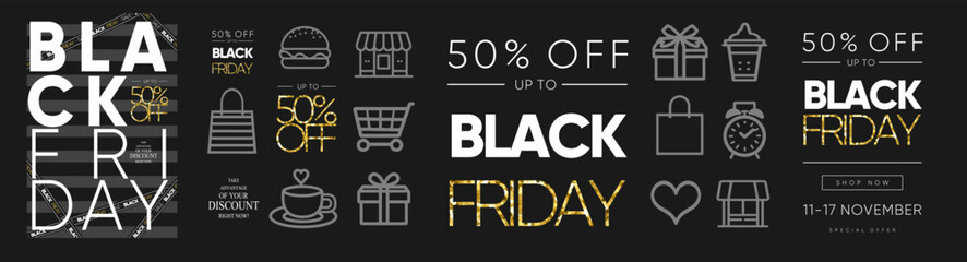 Black Friday. Sale. Vector illustration of sale, shopping holiday discount, gift, icons, symbol, shopping cart, alarm clock, bag, coffee, burger, shopping for flyer, leaflet or brochure