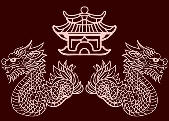 Contour illustration with a dragon in Chinese style. Chinese new year. Traditional Chinese character. Asian mythological dragons. Red color.