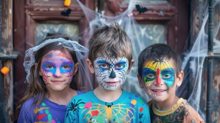 Three children with Halloween makeup on their faces