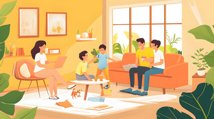 Family enjoying quality time, laughter fills the air, vibrant living room or sunny backyard, creating cherished memories together