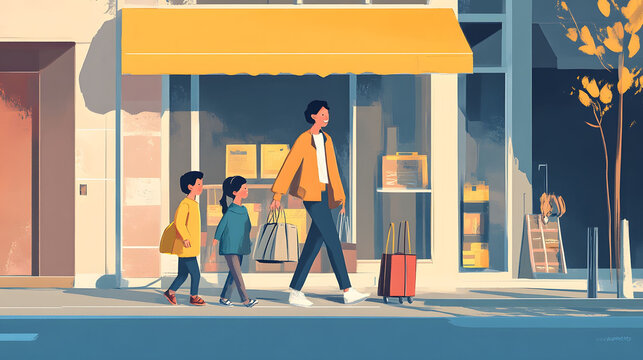 Family outing, enjoying errands together, visiting local store, engaging with community, sharing moments, creating memories