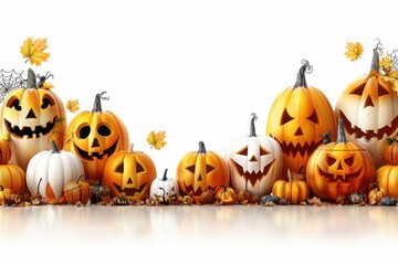 A variety of carved pumpkins in different sizes are arranged on a white background surrounded by fall leaves creating a festive Halloween display

