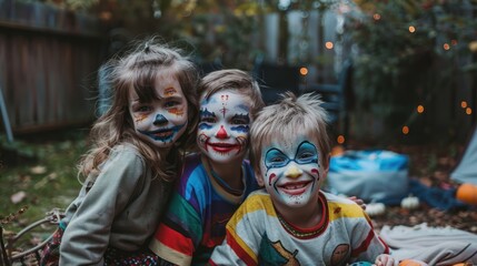 Three children are sitting on the ground, wearing Halloween costumes