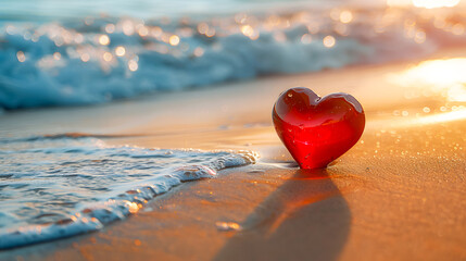 Fototapeta premium Valentines Day concept. Romantic love symbol of red heart on the sand beach with copy space. Template for Inspirational compositions and quote postcards