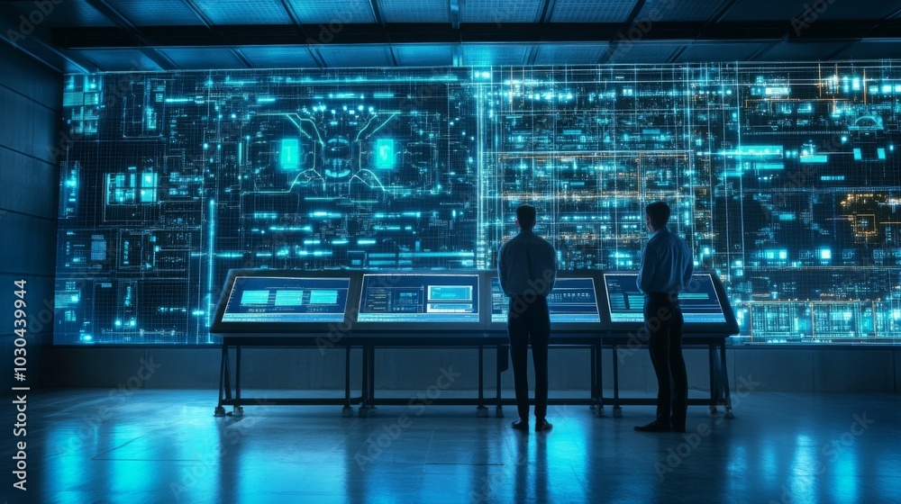 Aufkleber Two men in a dark room look intently at a large screen displaying a complex network of blue lines and data. The room is lit by the screen, casting a blue glow on the men's silhouettes.