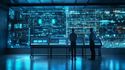 Two men in a dark room look intently at a large screen displaying a complex network of blue lines and data. The room is lit by the screen, casting a blue glow on the men's silhouettes.