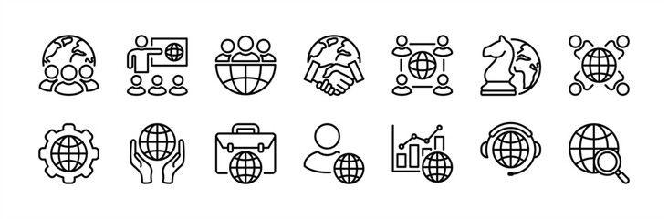 Business outsourcing line icon set. Containing teamwork, international cooperation, collaboration, global connection, agreement, guidance, strategy, community, support, chart, searching, employee