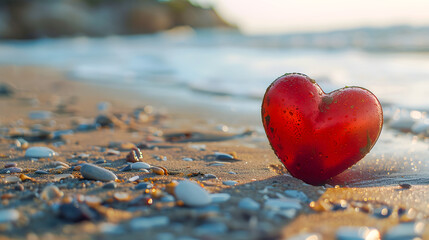 Fototapeta premium Valentines Day concept. Romantic love symbol of red heart on the sand beach with copy space. Template for Inspirational compositions and quote postcards