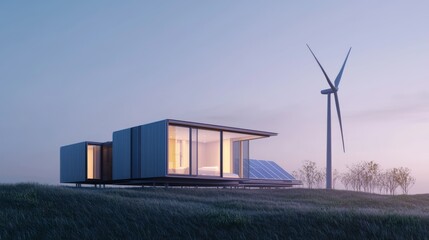 Eco-Friendly Modular Off-Grid Home with Solar Panels, Wind Turbines, and Rainwater Collection System in Ultra-Detailed 3D Render