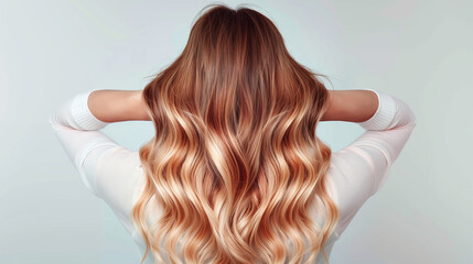 Fototapeta premium A back view of a woman with voluminous brown hair featuring a gradient color transition from dark brown roots to caramel ends