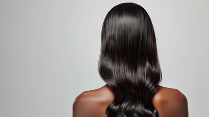 A back view of a woman with sleek, thick black hair, exuding elegance and confidence