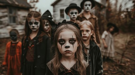 A group of children with Halloween face paint and costumes