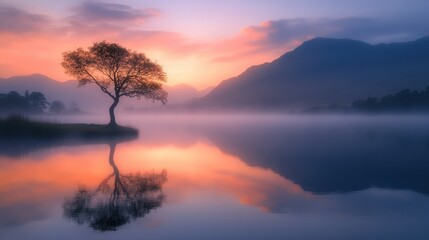 Serenity at Dawn A Majestic Tree Reflects on a Misty Lake Surrounded by Mountains