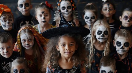 A group of children with Halloween face paint and costumes