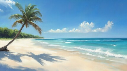 Serene Tropical Beach with Palm Tree and Turquoise Waters Under a Bright Blue Sky in a Captivating Landscape Scene