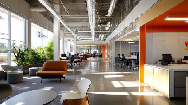 Modern office environment featuring open layout, innovative design elements, collaborative spaces, and contemporary furnishings.