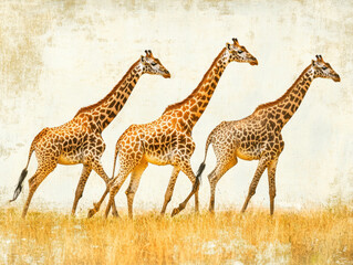 Obraz premium Elegant giraffes stroll through the lush grasslands of Africa under a vibrant blue sky