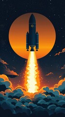 Naklejka premium Stylized Retro Futuristic Rocket Blasting Off at Sunset
