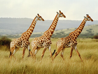Fototapeta premium Elegant giraffes stroll through the lush grasslands of Africa under a vibrant blue sky
