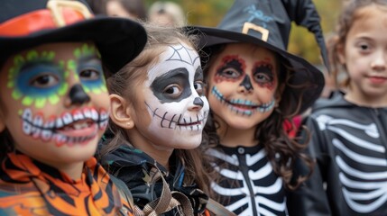 Three young girls are dressed in Halloween costumes and have their faces painted