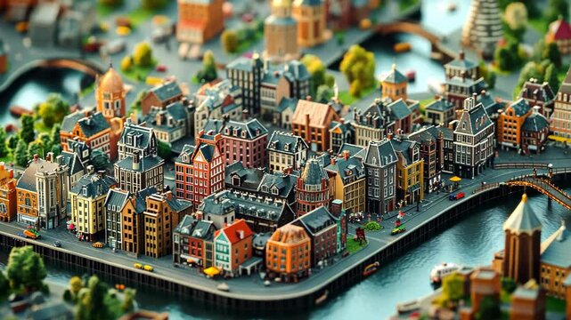 A miniature city model with a river and bridge surrounded by green trees