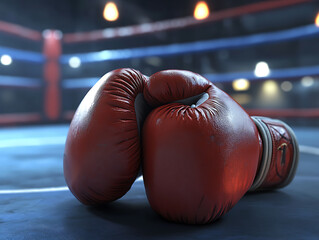 Closed up red boxing gloves in the boxing ring