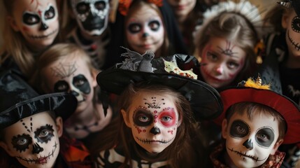 A group of children with Halloween makeup on their faces
