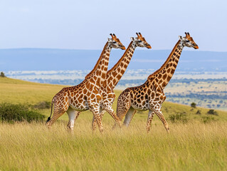 Fototapeta premium Elegant giraffes stroll through the lush grasslands of Africa under a vibrant blue sky