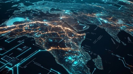 A captivating view of Europe and Africa illuminated by city lights, showcasing a network of digital connections and technological growth during the night