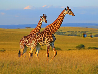 Obraz premium Elegant giraffes stroll through the lush grasslands of Africa under a vibrant blue sky