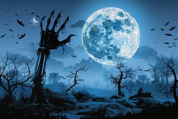Fototapeta premium A skeletal hand reaches toward the massive full moon, surrounded by bats flying through a barren, eerie landscape, creating a mystical Halloween night scene.