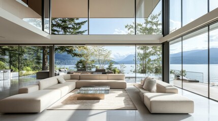 Fototapeta premium Modern Living Room Overlooking Serene Lake View