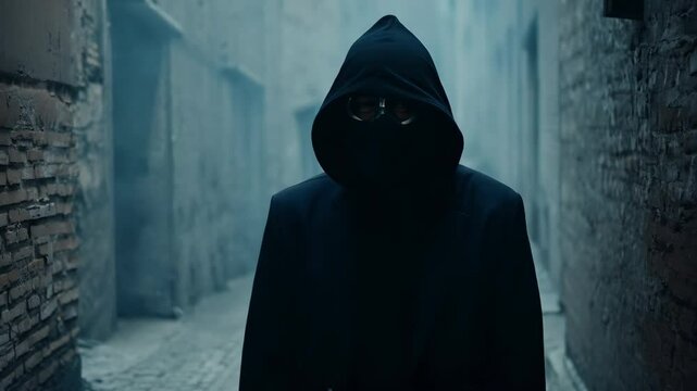 Dangerous man stands in dark gritty urban alley. Criminal guy threatens. Thief person hide face in black mask. Terrible bad Hired Killer in hood. Terrifying assassin walk city street night close up.