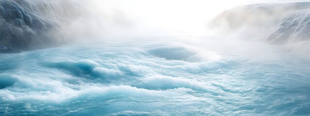 Fototapeta premium An icy landscape with large waves crashing against the rocks, creating an otherworldly and surreal atmosphere. The cold blue tones of the ice crystals enhance the sense of mystery in the scene. 