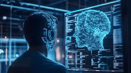 Programmer crafting machine learning algorithms, focused on code and data analysis, immersed in technology and innovation