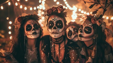 Three women dressed in Halloween costumes with fake skulls on their faces