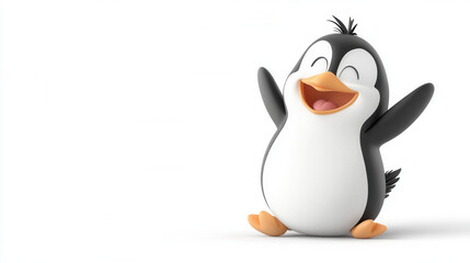 Obraz premium Happy cartoon penguin with arms raised, expressing joy and excitement. This playful character embodies sense of fun and adventure, perfect for childrens themes