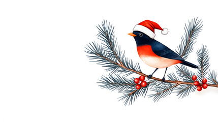 Delightful Cartoon Bird in a Festive Santa Hat on a Decorated Christmas Tree Branch Against White Background