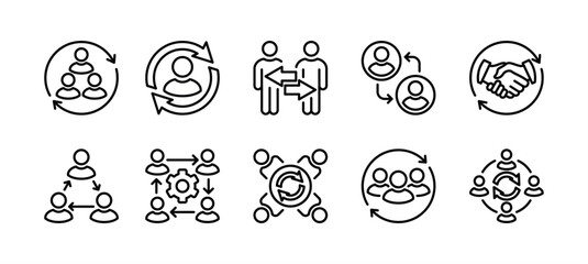 Business team update thin line icon set. Containing change of people, group people, employee, staff, manager, person, leader, teamwork, community, member, organization. Vector illustration