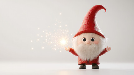 Obraz premium Cute cartoon style gnome with red hat casting magical spell, surrounded by sparkling lights. This whimsical character brings joy and enchantment to any scene