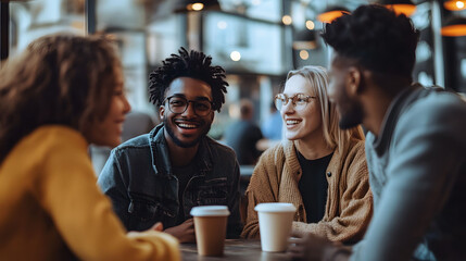 Casual coffee chat, friends enjoying light-hearted conversation, cozy café atmosphere, warm smiles, laughter shared, moments of connection