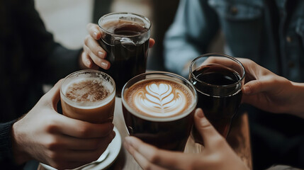 Casual Conversations Among Friends Over Coffee, Lively atmosphere, Warm smiles, Shared laughter, Intimate setting, Relaxed vibe