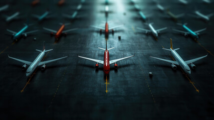 fleet of planes on tarmac at airport, showcasing various colors and designs, creates striking visual. arrangement highlights scale and organization of air travel