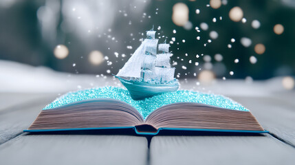 A Whimsical Optical Illusion of a Ship Perched on a Book Rendered in Paint by Numbers Style
