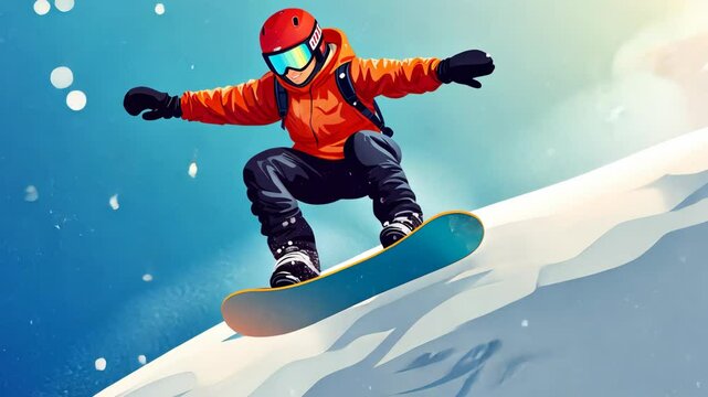 A snowboarder soars through the air, carving a path through the fresh powder on a crisp winter day