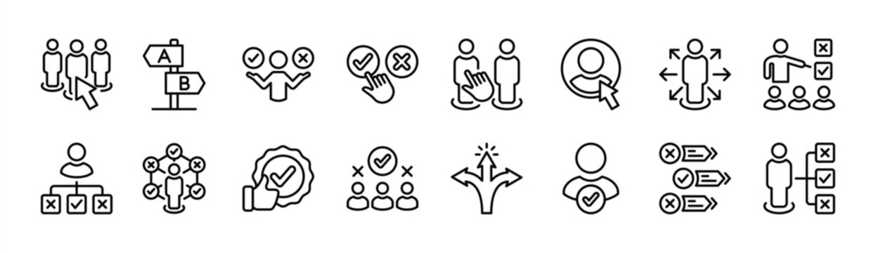 Choice thin line icon set. Containing decision, option, selection, opportunity, preference, direction, quiz answer, select, alternative, possibility, choose, variety, plan, truth, solving, decide