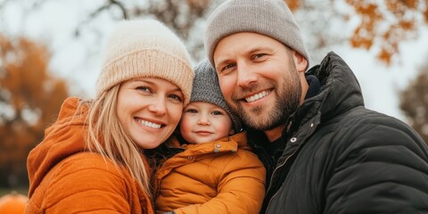 Fototapeta premium A cheerful family portrait featuring parents and their baby, surrounded by autumn leaves, showcasing love and warmth.