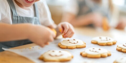 Fototapeta premium A child decorates smiley face cookies, showcasing creativity and joy in baking. A delightful moment of culinary art.